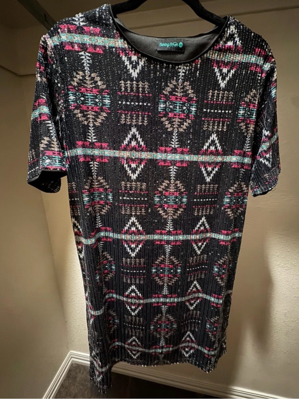 Black Patterned Mini Dress with Pink and Teal Accents
